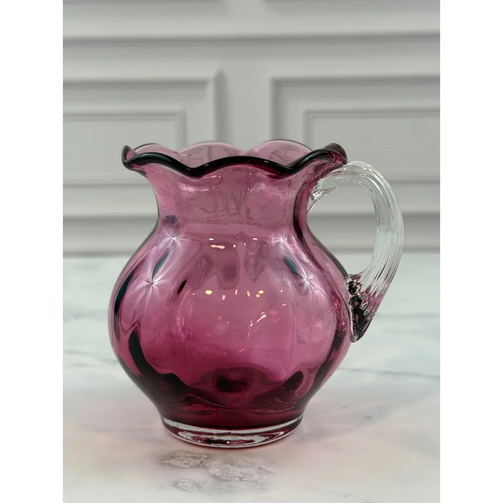 VTG Pilgrim Cranberry Glass Mini Pitcher Creamer Ruffled Edge 3.5in